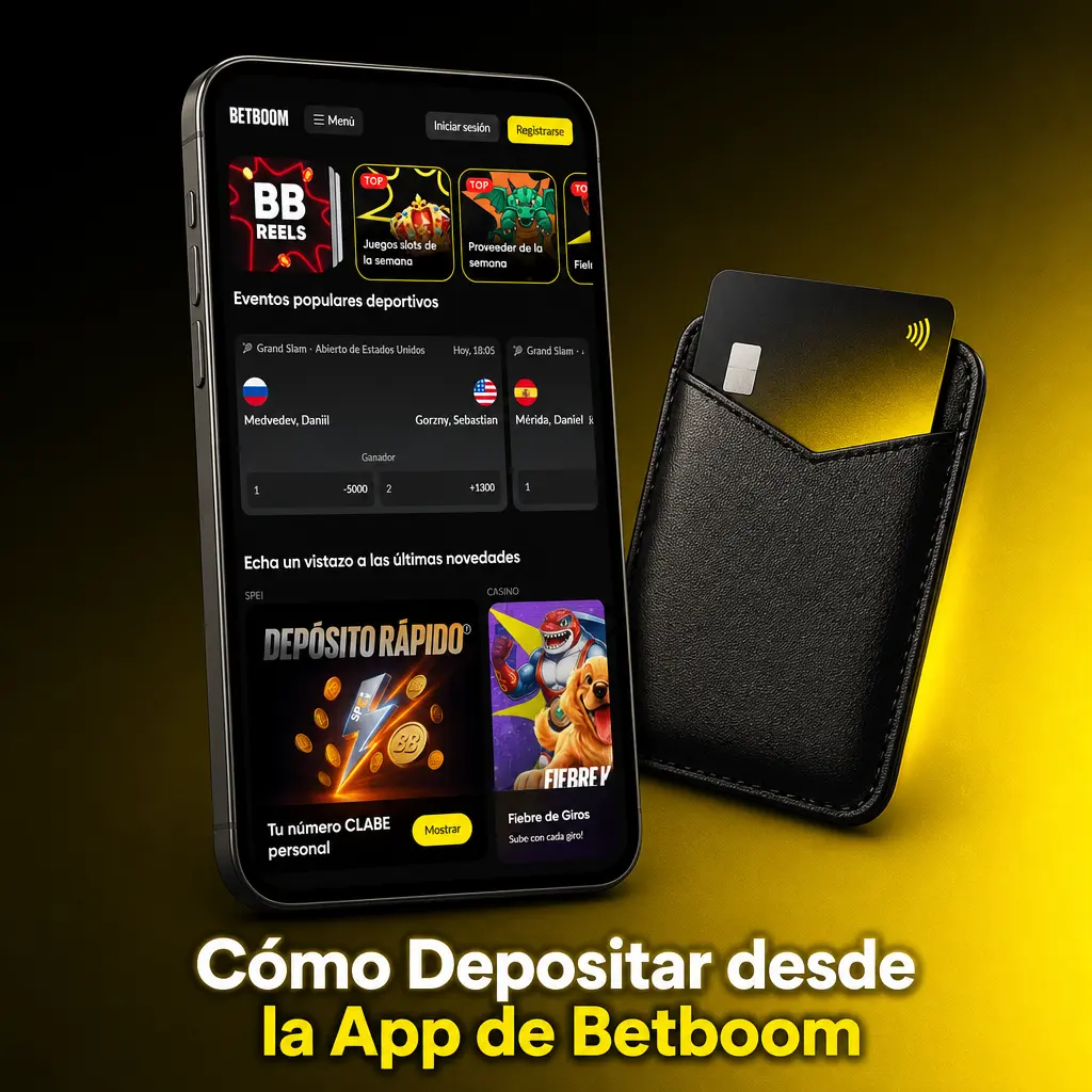 Guía visual para depositar en Betboom desde la app móvil usando SPEI, CoDi, AstroPay u OXXO en México.